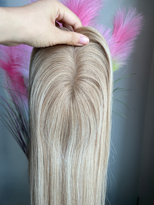 3x5inch(7x12cm) Silk/Mono Base Balyage Brown Blonde Virgin Hair Human Hair Toppers Premium Quality Cuticle Hand-Crocheted 130% Density Breathable