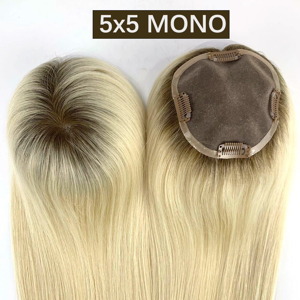 Balayage T3-60 Mono Base Virgin Human Hair Toppers 14" 16" Hand-Crocheted 130% Density Breathable 100% Realistic Knot-Free