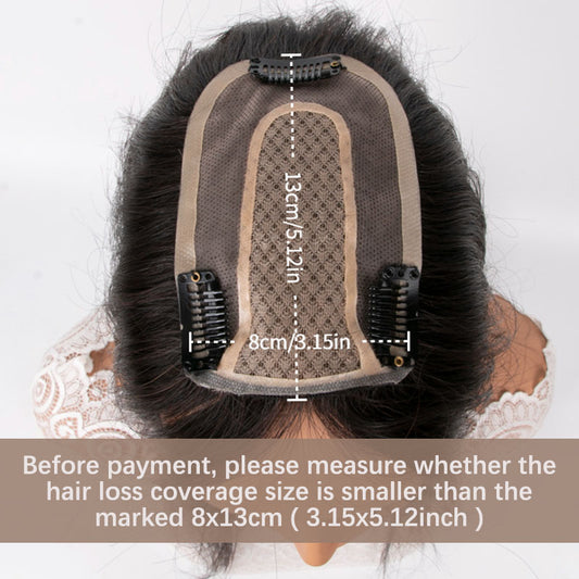 8x13cm(3.15x5.12inch) Real Skin Silk+Mono Base Natural Virgin Human Hair Toppers For Women Clip In Hairpieces For HairPart Grey Hair Coverage 8-16 In