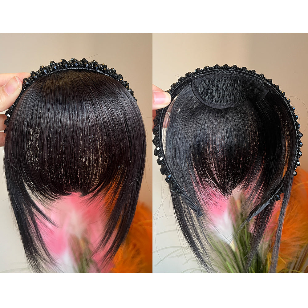 Instant Human Hair Headband Bangs Wig Integrated Real Hair Topper Cover White Hair on Forehead&Back Head Black Brown 10inch 25cm