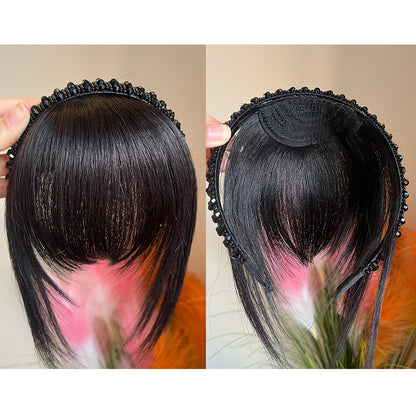 Instant Human Hair Headband Bangs Wig Integrated Real Hair Topper Cover White Hair on Forehead&Back Head Black Brown 10inch 25cm