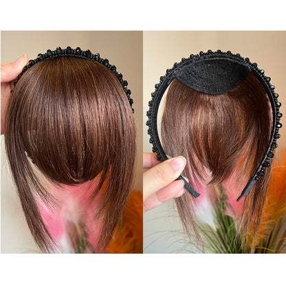 Instant Human Hair Headband Bangs Wig Integrated Real Hair Topper Cover White Hair on Forehead&Back Head Black Brown 10inch 25cm
