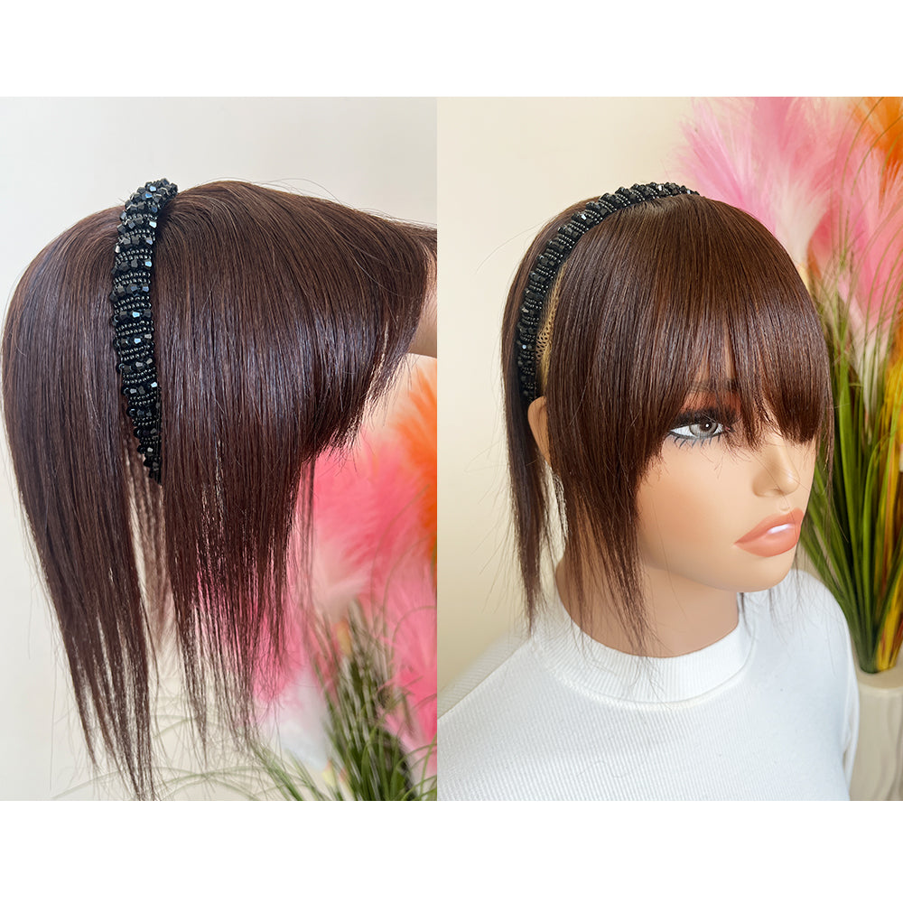 Instant Human Hair Headband Bangs Wig Integrated Real Hair Topper Cover White Hair on Forehead&Back Head Black Brown 10inch 25cm