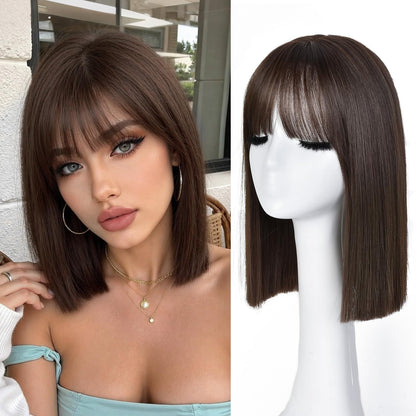 Brown Bob Wig with Bangs Straight Wigs for Women Full Machine Made Bob Wig for Daily