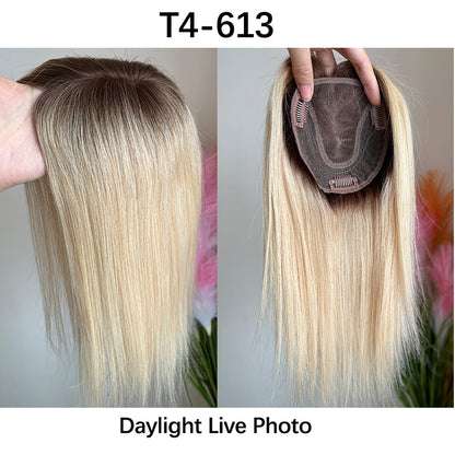 Human Hair Topper With Highlights Balayage Ombre Brown Blonde Large Lace Base 4.5x5inch 3Clips Hair Toppers 110% Densitiy 12inch